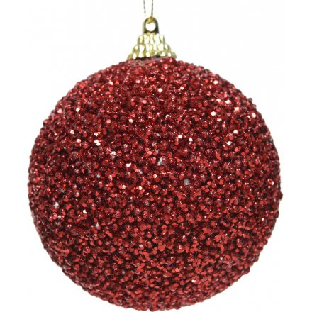  A foam based bauble covered with sparkly red toned glitter and topped with a gold hanging string 