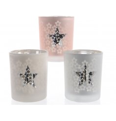 An assortment of 3 pretty glass T-light holders with a silver star and mini faded stars.