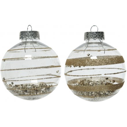 A mix of 2 shatterproof baubles with a gold glitter swirl and gold beads. A classic glitz item for your home.