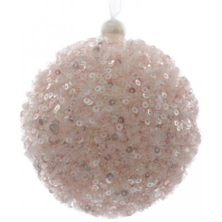 A foam bauble decorated in pretty in pink shimmering sequins. A beautifully textured and full bauble for your tree