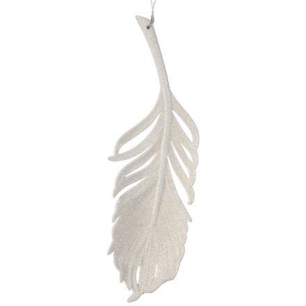 A stylish and unique hanging feather ornament with a generous dusting of white glitter.