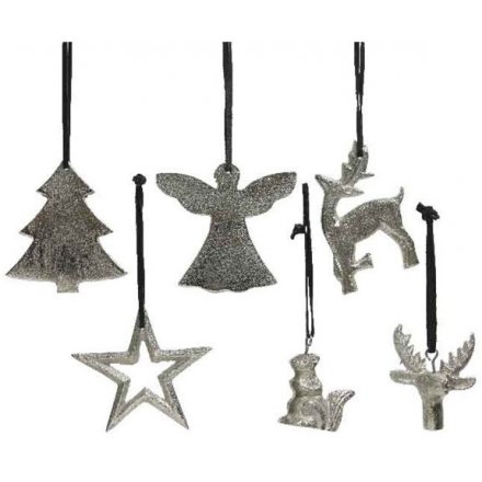 Fine quality silver decorations including Star, Reindeer, Reindeer Head, Squirrel, Tree and Angel designs.