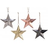 A mix of 4 hanging iron star decorations, each complete with a dented effect and hung from a rustic jute string 