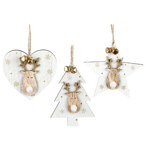 An assortment of wooden star, heart and tree decorations layered with an adorable reindeer and gold jingle bell.