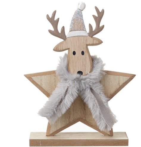 A cute and unique wooden Christmas ornament. This star and reindeer cross decoration is complete with a faux fur scarf