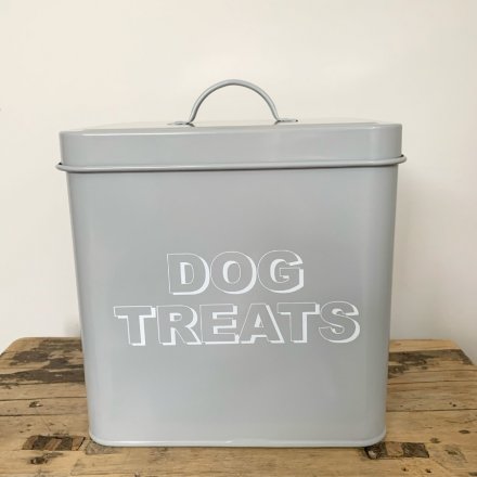   A sleek grey metal storage tin with a printed 'Dog Treats' text 
