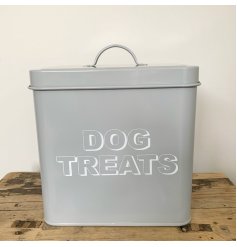  A sleek grey metal storage tin with a printed 'Dog Treats' text 