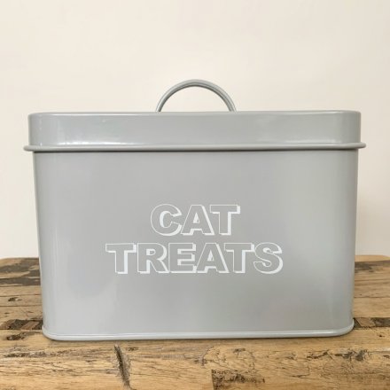 Metal Cat Treats Storage Tin  A sleek grey metal storage tin with a printed 'Cat Treats' text 