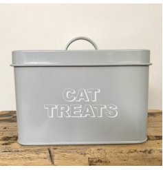 Keep your cats delicious treats fresh and hidden away with this sleek and stylish grey metal tin