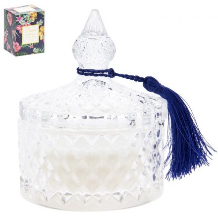 An elegant glass candle pot filled with a beautifully scented wax and placed in a Tropical themed Gift Box 