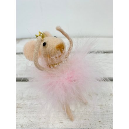 A chic felt mouse decoration with a pink feather dress, diamond necklace and crown.