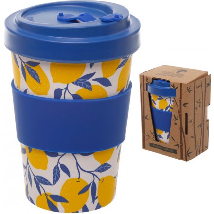  An eco friendly bamboo travel mug with a beautifully printed lemon decal around it and additional bamboo cap lid 