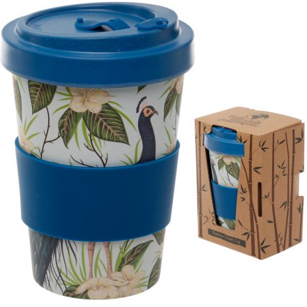 An eco friendly bamboo travel mug with a beautifully printed peacock decal around it and additional bamboo cap lid 