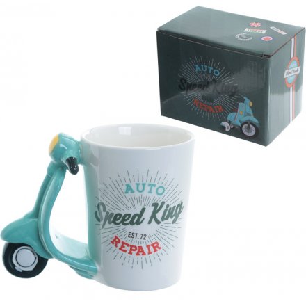 A quirky mug with a blue scooter handle and added Speed King text decal 