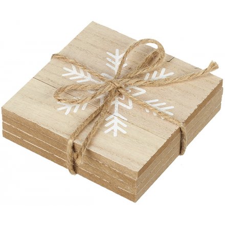 Set of Wooden Coasters With Snowflake Decal 