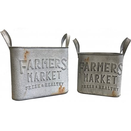 A charming set of overly distressed metal planters complete with embossed Farmers Market texts 