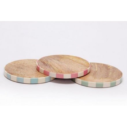 Round Wooden Coasters With Stripe Edges Set of 4