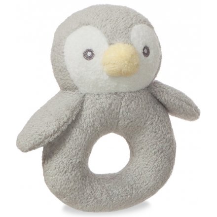A plush little penguin named Pompom, covered in super snuggly fuzz and filled with fun rattling noises! 