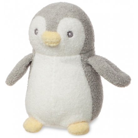  A plush little penguin named Pompom, covered in super snuggly fuzz and filled with fun rattling noises! 