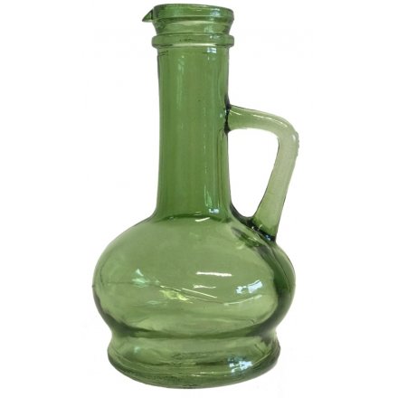 this glass vase also features a long stemmed neck, rounded base and added handle for decoration 
