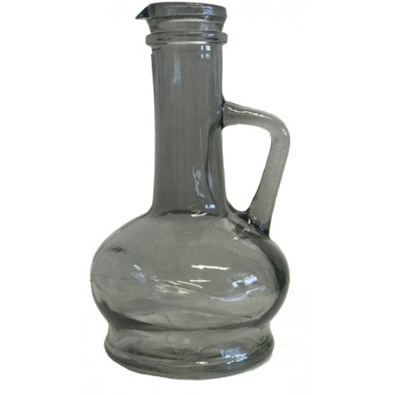A small decorative vase, set with a long stemmed neck, round base and added handle feature 