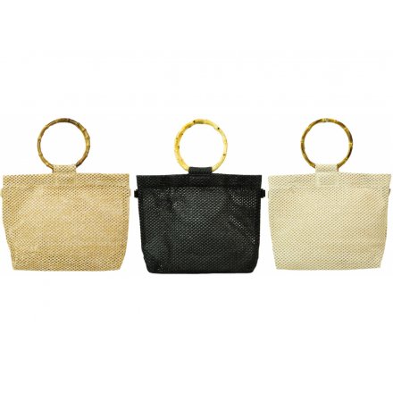 A stylish assortment of natural and black toned Raffia handbags featuring a wooden loop handle 