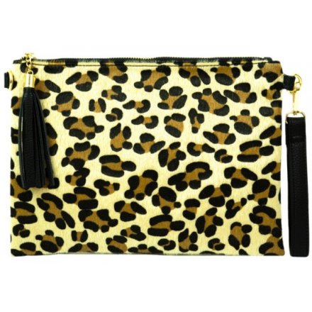 A fabulous Leopard print clutch bag with an added faux leather hand strap and tassel zip finish 
