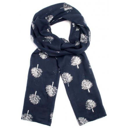 An array of navy toned based fabric scarves beautifully assorted by their silver foil leaf decals 