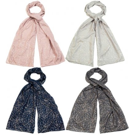 Assorted by their delicate colours, these fabric scarves are each decorated with a silver foil pattern 