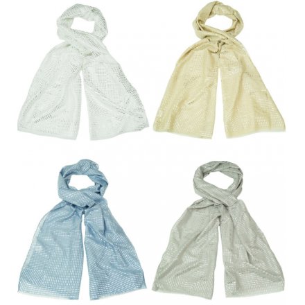 A charming assortment of pastel toned scarves each beautifully detailed with a silver foil pattern 