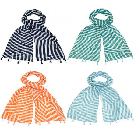  A charming mix of soft fabric scarves each decorated with a colourful stripe decal and tassels