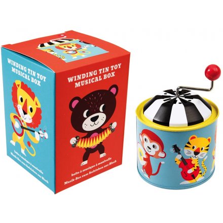 This traditional style wind up musical box has a colourful circus animal theme