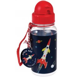   A fun themed plastic drinks bottle covered with a vintage rocket print 