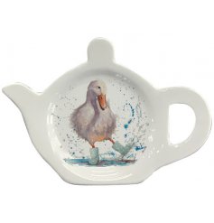 A beautifully illustrated tea bag tidy featuring a whimsical Deirdre duck design with polka dot boots.