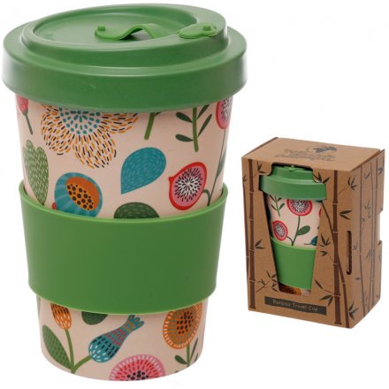   An autumnal themed floral printed Bamboo Travel Mug complete with an added green grip and matching screw top lid 