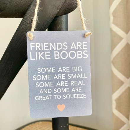 A mini metal hanging sign set with a grey tone and added comical script text 