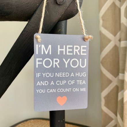 A delightfully sentimental inspired hanging mini metal sign set with a neutral grey base tone 