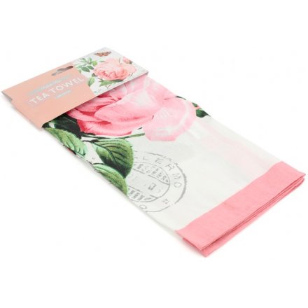 Pretty Pink Redoute Rose Tea Towel 