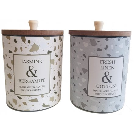 A mix of 2 large glass candle pots set with a terrazzo inspired decal and filled with sweetly scented waxes 