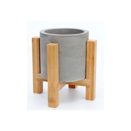 Cement Pot On Wood Stand, 15cm 