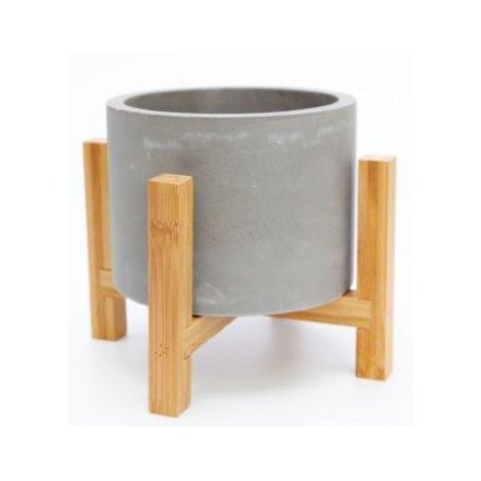 Cement Pot On Wood Stand, 19cm 
