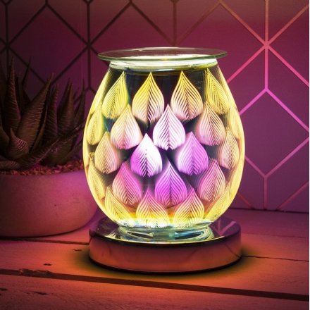 A unique curved lamp and oil burner in one with a colourful 3-dimensional flame effect