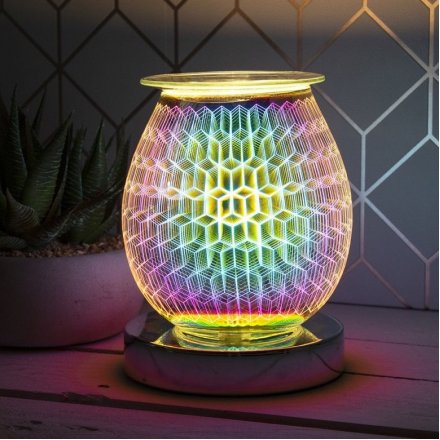 A stunning and curved, multicoloured lamp creating a geometric three-dimensional design.