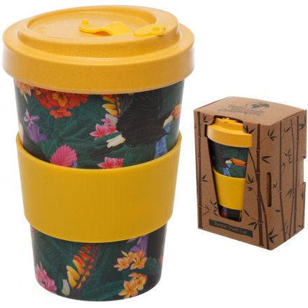  A totally tropical printed Bamboo Travel Mug complete with an added yellow grip and matching screw top lid 