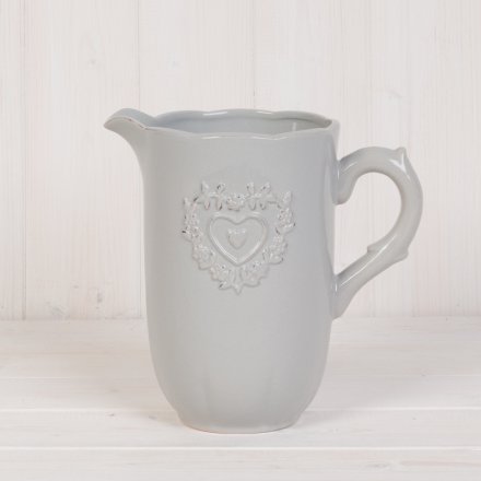A Shabby Chic inspired ceramic jug featuring a pretty embossed heart decal 