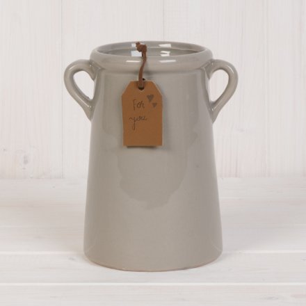 A stylish ceramic vase with a rich grey glazed finish and twin handles. Complete with a PU leather 'For You' tag.