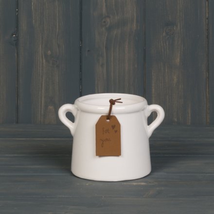 A chic small planter with twin handles and a rustic tag reading 'For You'.