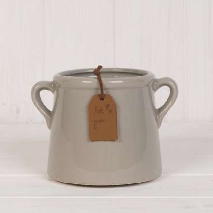 A chic grey planter with a stylish 'For You' tag. Complete with twin handles and a richly glazed finish.