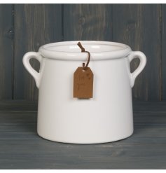 A stylish tapered planter with a white glazed finish. Complete with twin handles and a 'For You' gift tag.