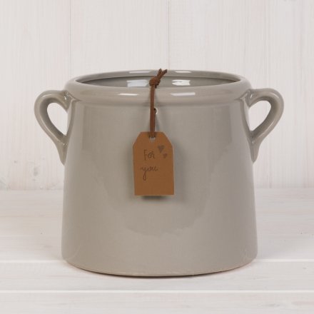An attractive large grey planter with twin handles and a brown PU leather tag engraved with a 'For You' slogan.